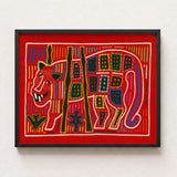Vibrant Red Embroidered Textile Artwork Stylized Animal Bold Mola Embroidery Art, Framed, Design