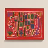 Vibrant Red Embroidered Tapestry Stylized Tiger Bold Geometric Mola Embroidery Art, Framed, Design