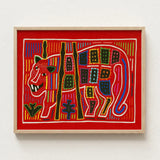 Vibrant Red Embroidered Artwork Stylized Tiger Bold Geometric Mola Embroidery Art, Framed, Design