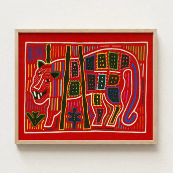 Vibrant Red Embroidered Artwork Stylized Tiger Bold Geometric Mola Embroidery Art, Framed, Design