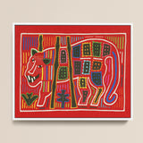 Vibrant Red Embroidered Textile Artwork Stylized Tiger Bold Mola Embroidery Art, Framed, Design