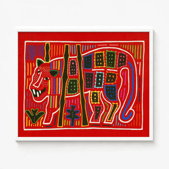 Vibrant Red Embroidered Artwork Stylized Tiger Bold Geometric Mola Embroidery Art, Framed, Design