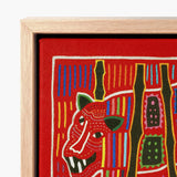 Vibrant Red Embroidered Textile Artwork Stylized Animal Face Mola Embroidery Art, Framed, Design