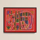 Roaring Tiger Appliqué - Mola Embroidery Art Print / Canvas Vibrant Red Embroidered Artwork Stylized Tiger Green Ears Mola Embroidery Art,