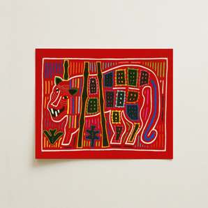 Roaring Tiger Appliqué - Mola Embroidery Art Print / Canvas Vibrant Red Rectangular Artwork Stylized Geometric Tiger Bold Mola Embroidery