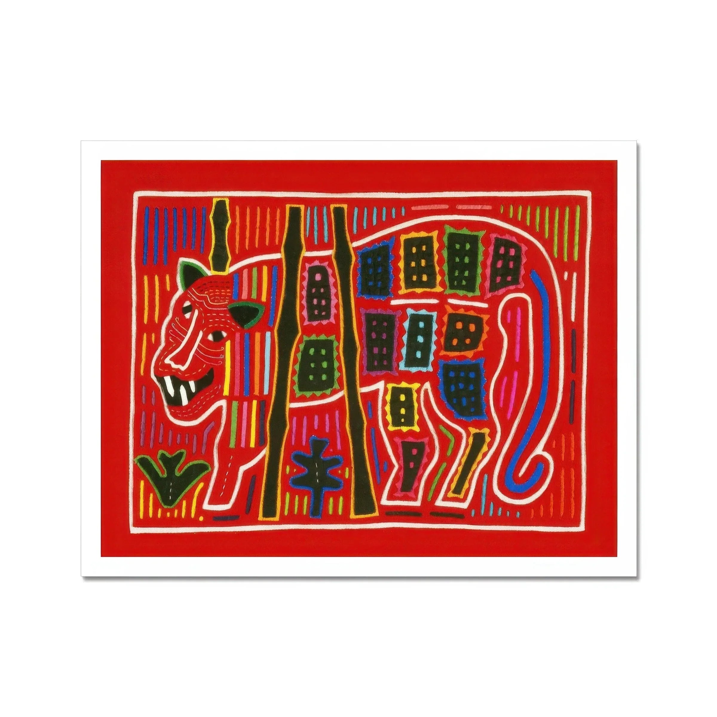 Roaring Tiger Appliqué Mola Embroidery Art Print, Colorful Stylized Tiger Geometric Patterns Red Green Blue