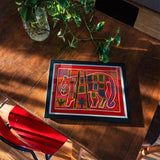 Roaring Tiger Appliqué - Mola Embroidery Art Print, Framed Colorful Folk Art Print Stylized Cats Red