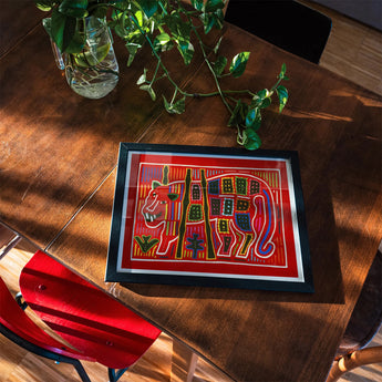 Roaring Tiger Appliqué - Mola Embroidery Art Print, Framed Colorful Folk Art Print Stylized Cats Red