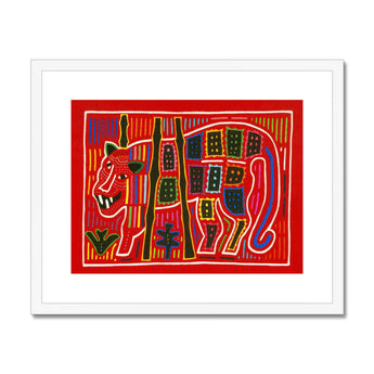 Roaring Tiger Appliqué - Mola Embroidery Art Print, Framed Colorful Textile Art Jaguar