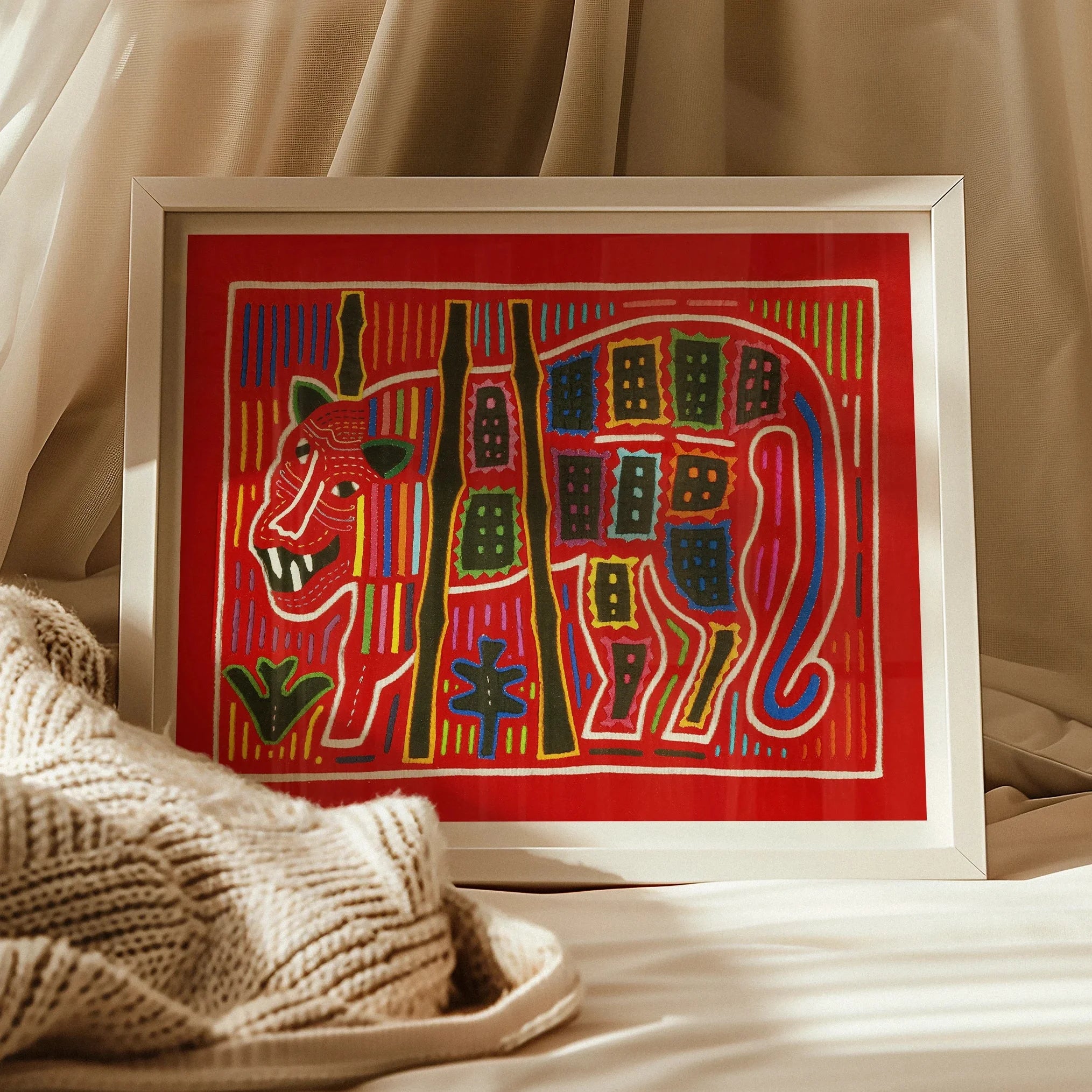 Roaring Tiger Appliqué - Mola Embroidery Art Print, Framed Folk Art Painting Stylized Tiger Geometric Patterns