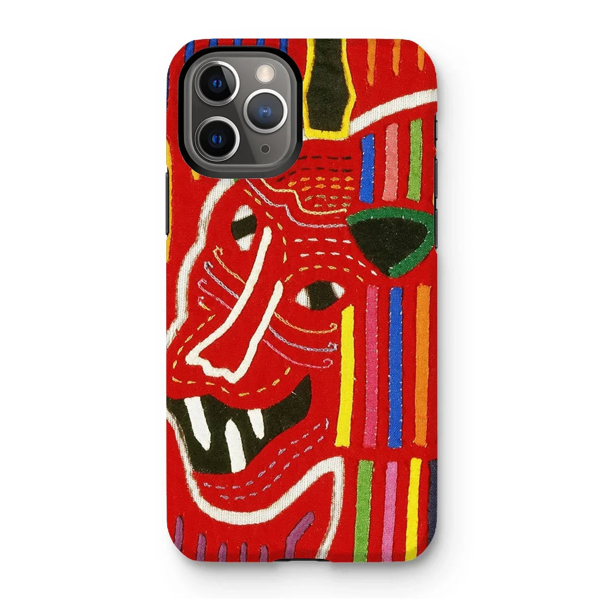 Roaring Tiger Appliqué - Mola Embroidery Iphone Case, 11 Pro / Matte, Colorful Abstract Art Phone Case Stylized Red Face