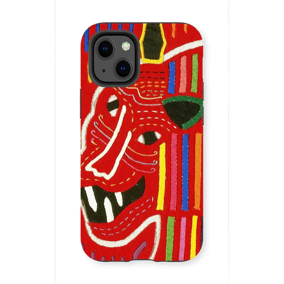 Roaring Tiger Appliqué - Mola Embroidery Iphone Case, 13 Mini / Matte, Colorful Phone Case Abstract Red Face Design Multicolored