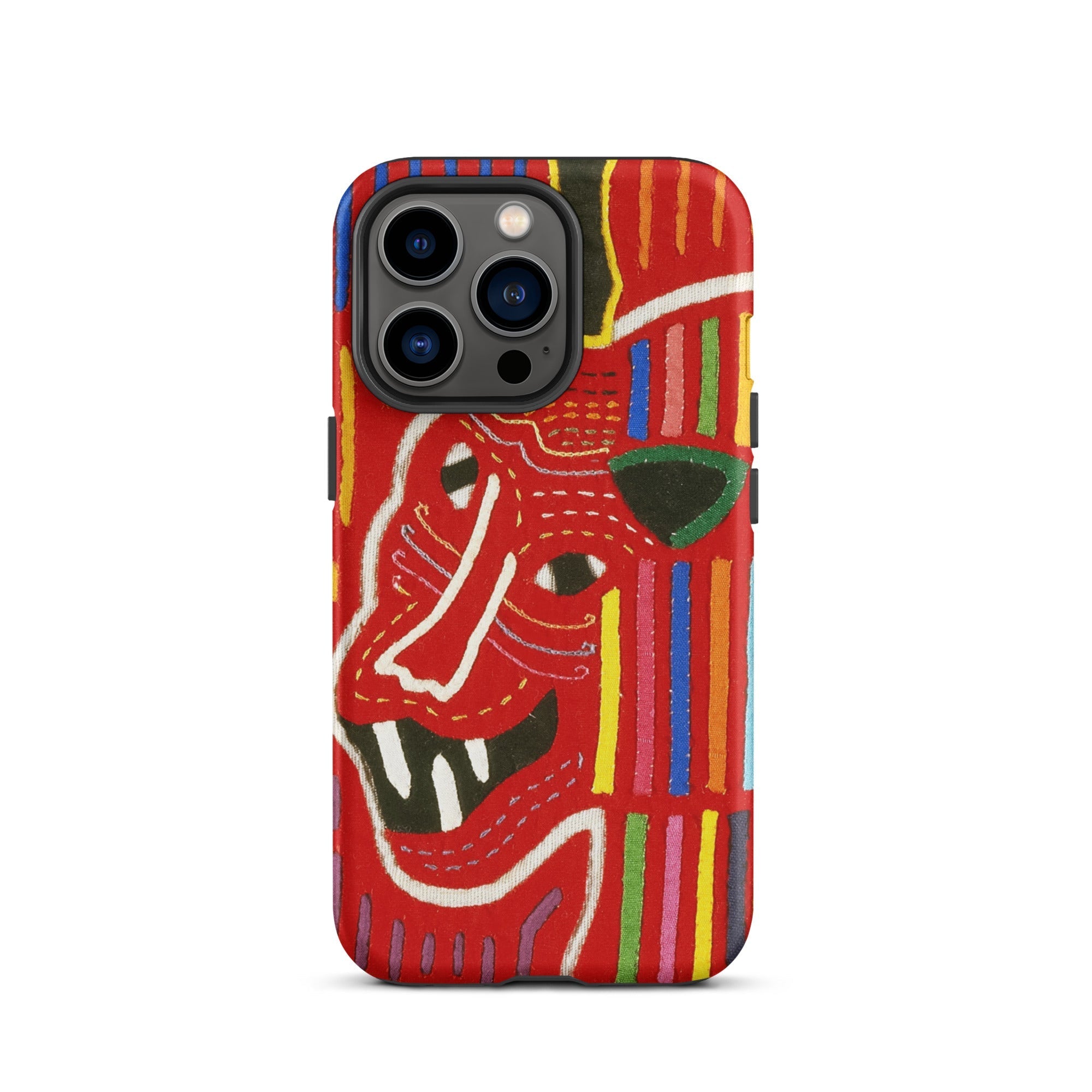 Roaring Tiger Appliqué - Mola Embroidery Iphone Case, 13 Pro / Matte, Red Phone Case Colorful Tribal Design