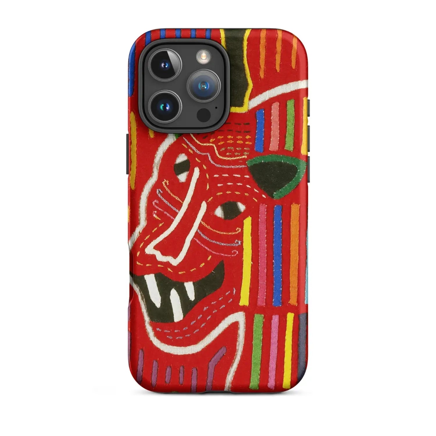 Red iPhone case with colorful mask design for eclectic art nerds