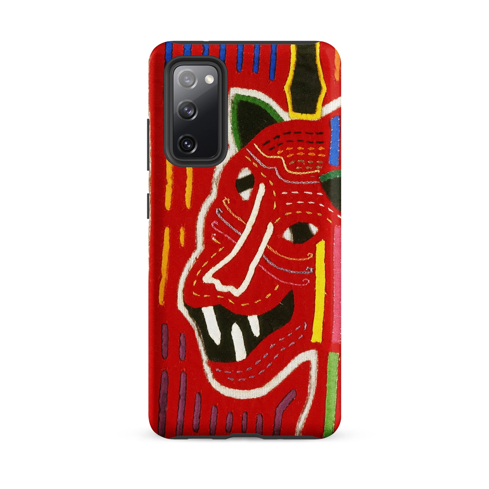 Roaring Tiger Appliqué Mola Embroidery Samsung Case, Galaxy S20 Fe / Matte, Red Phone Case Stylized Abstract Face White Outlines