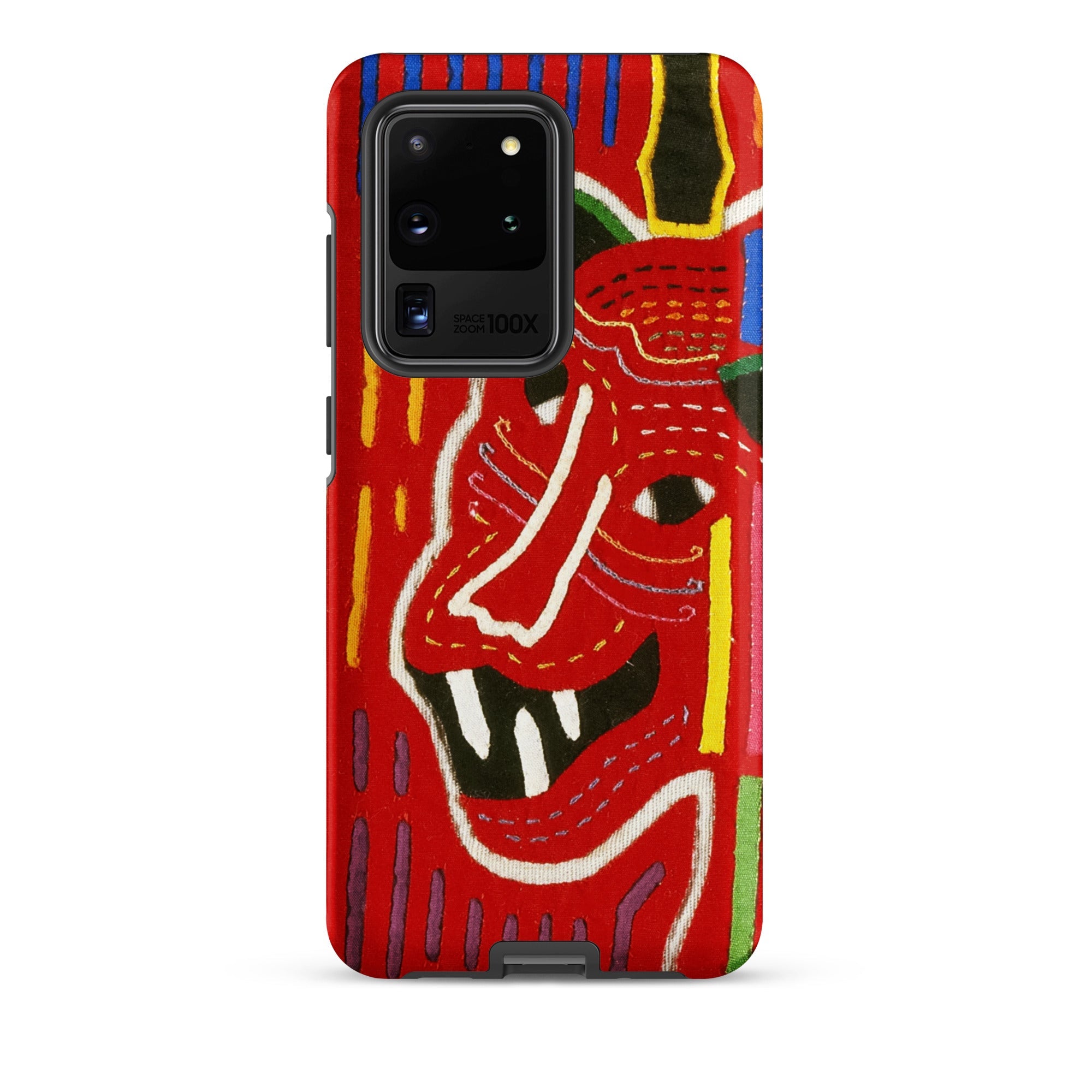 Roaring Tiger Appliqué Mola Embroidery Samsung Case, Galaxy S20 Ultra / Matte, Red Phone Case Stylized Abstract Face Design