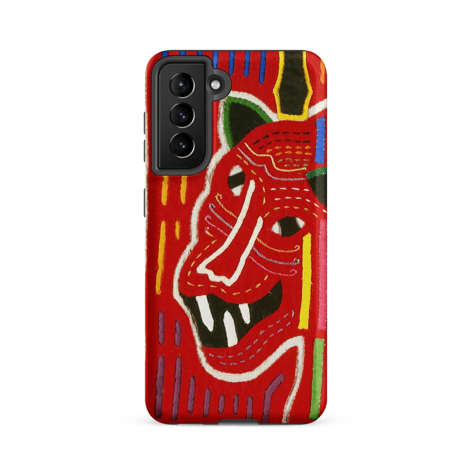 Roaring Tiger Appliqué Mola Embroidery Samsung Case, Galaxy S21 Fe / Matte, Red Smartphone Case Stylized Abstract Face Design