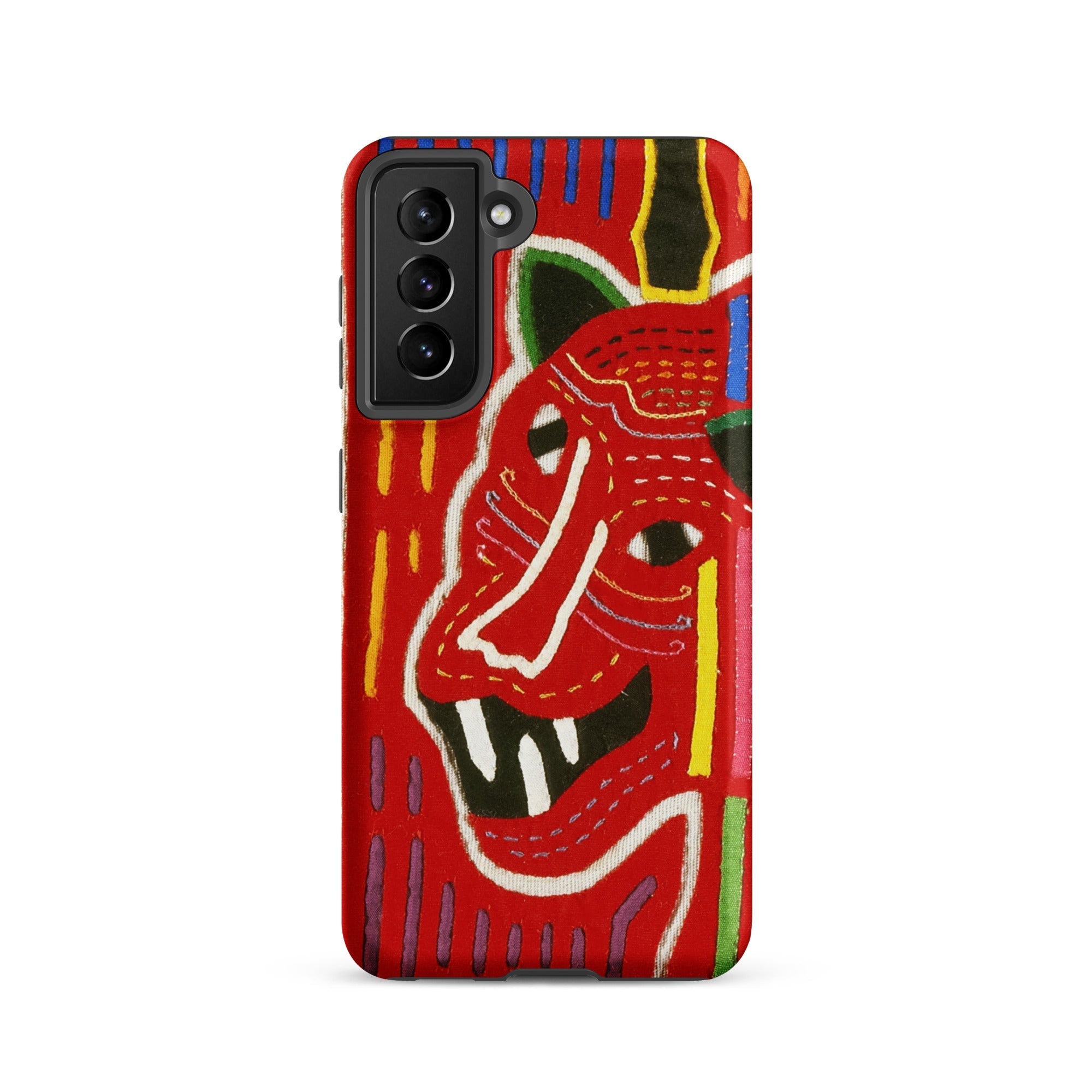 Roaring Tiger Appliqué Mola Embroidery Samsung Case, Galaxy S21 / Matte, Red Phone Case Stylized Colorful Animal Face Design