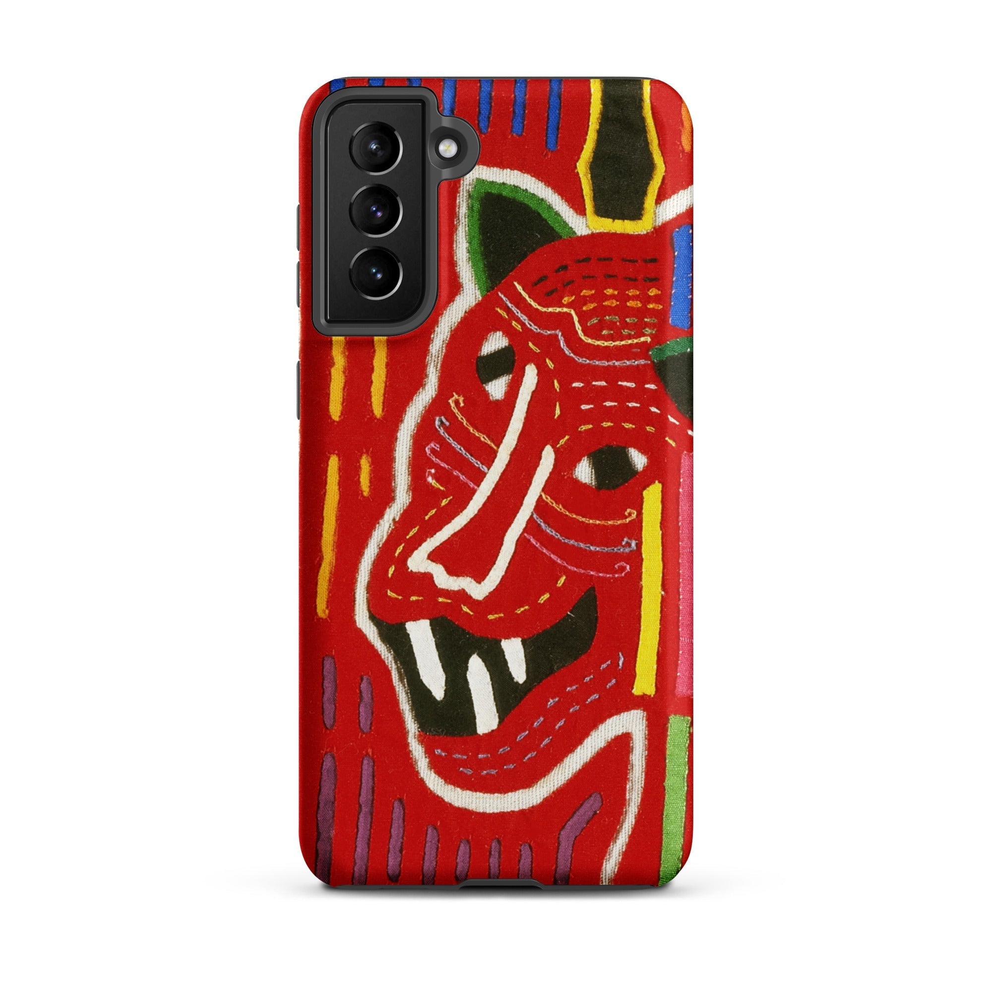Roaring Tiger Appliqué Mola Embroidery Samsung Case, Galaxy S21 Plus / Matte, Phone Case Stylized Abstract Red Face Jagged Teeth