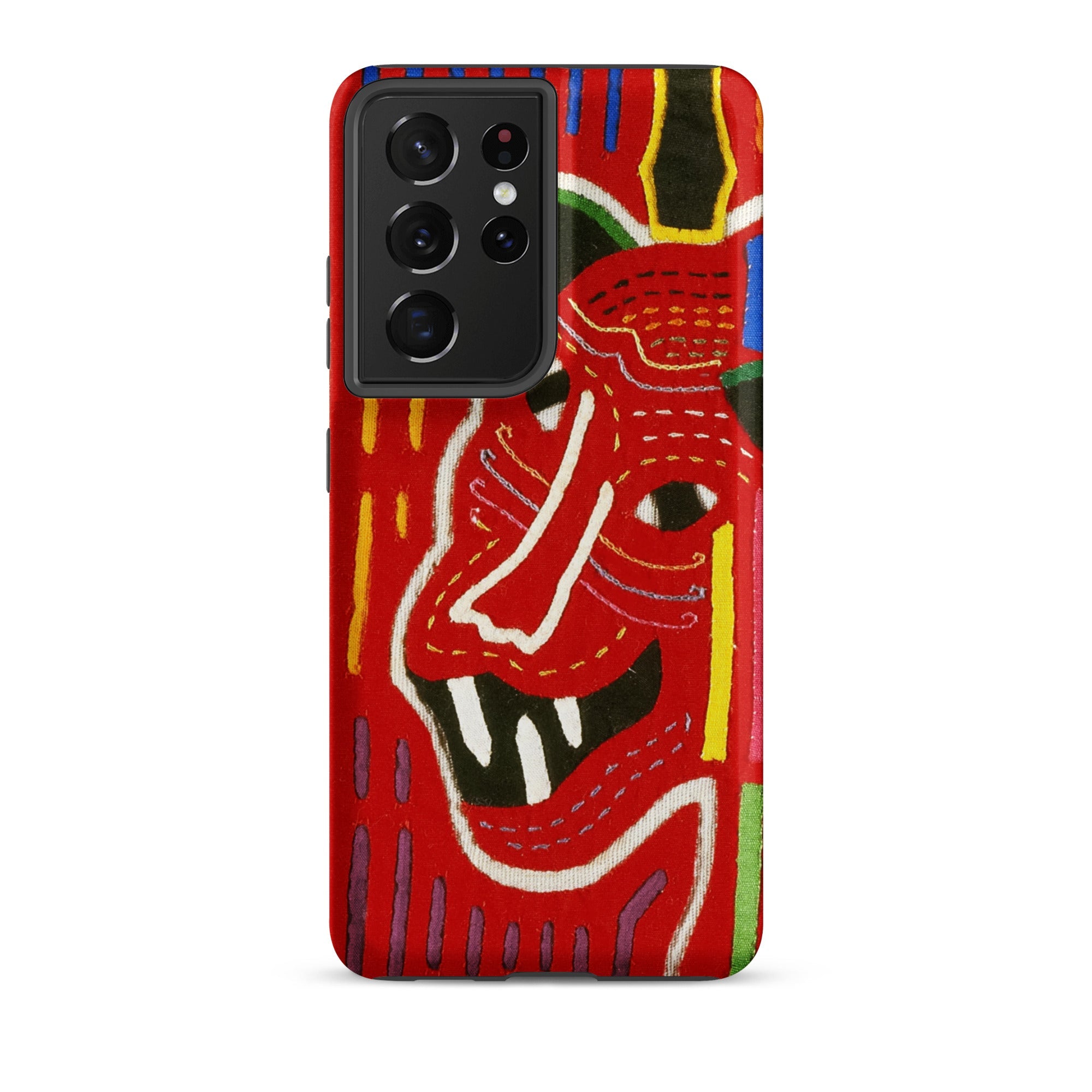 Roaring Tiger Appliqué Mola Embroidery Samsung Case, Galaxy S21 Ultra / Matte, Red Smartphone Case Abstract Stylized Face Design