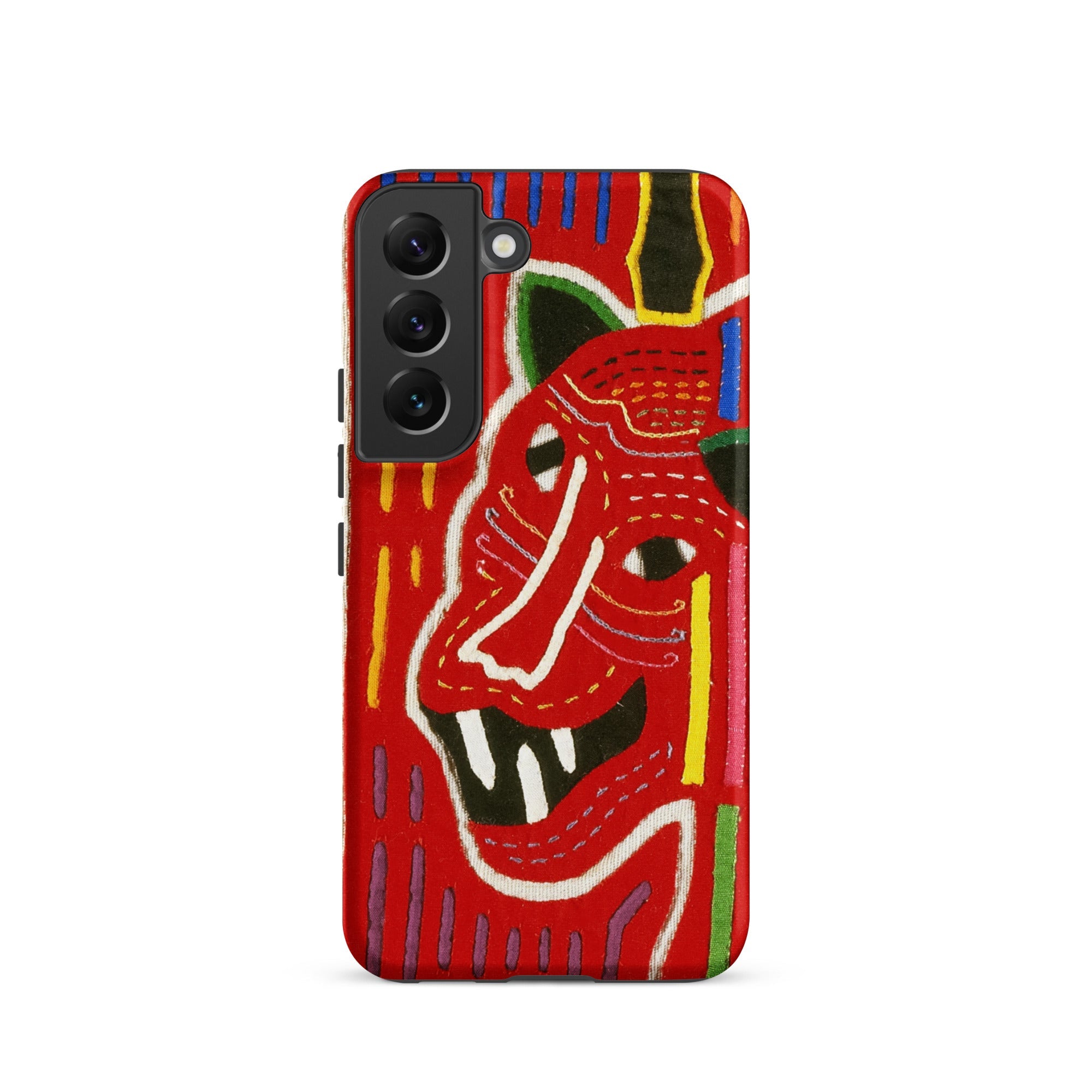 Roaring Tiger Appliqué Mola Embroidery Samsung Case, Galaxy S22 / Matte, Red Phone Case Vibrant Abstract Folk Art Style Depiction