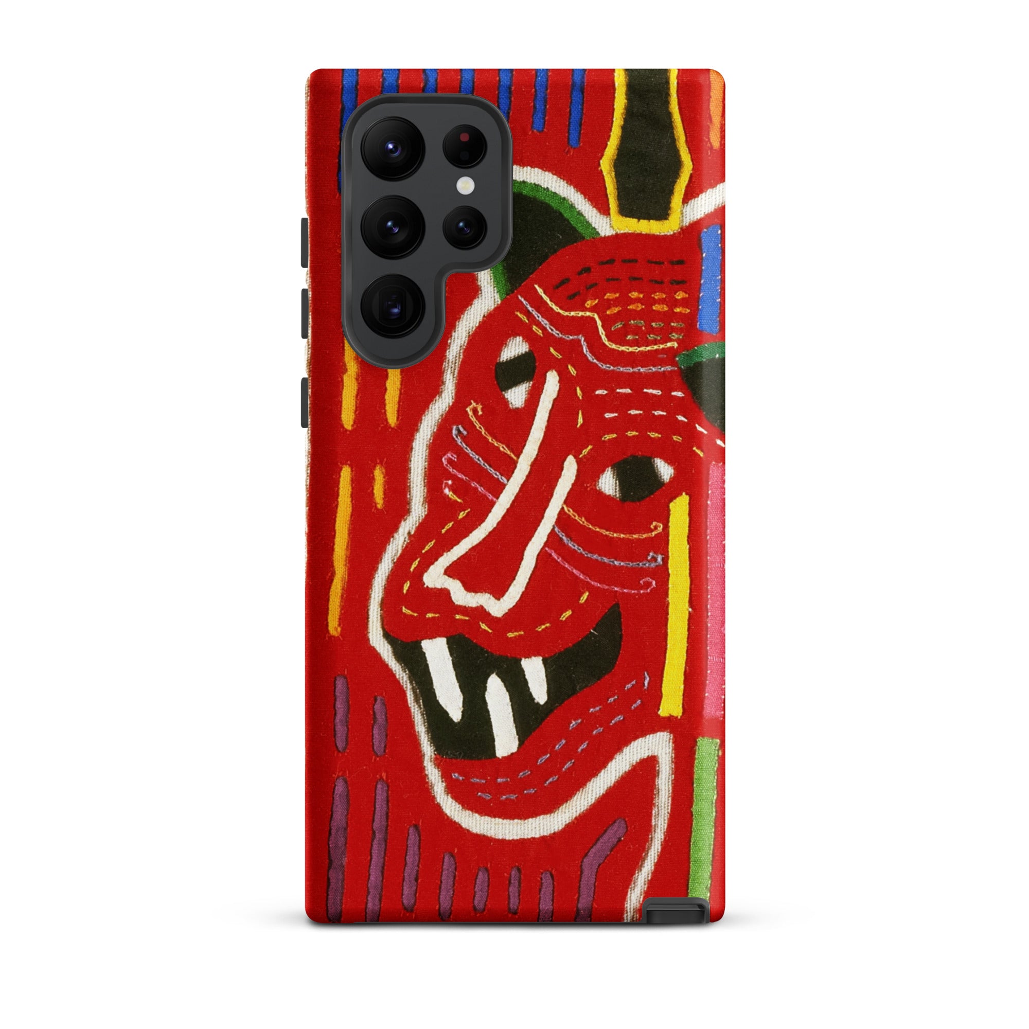 Roaring Tiger Appliqué Mola Embroidery Samsung Case, Galaxy S22 Ultra / Matte, Red Phone Case Stylized Colorful Monster Face Design