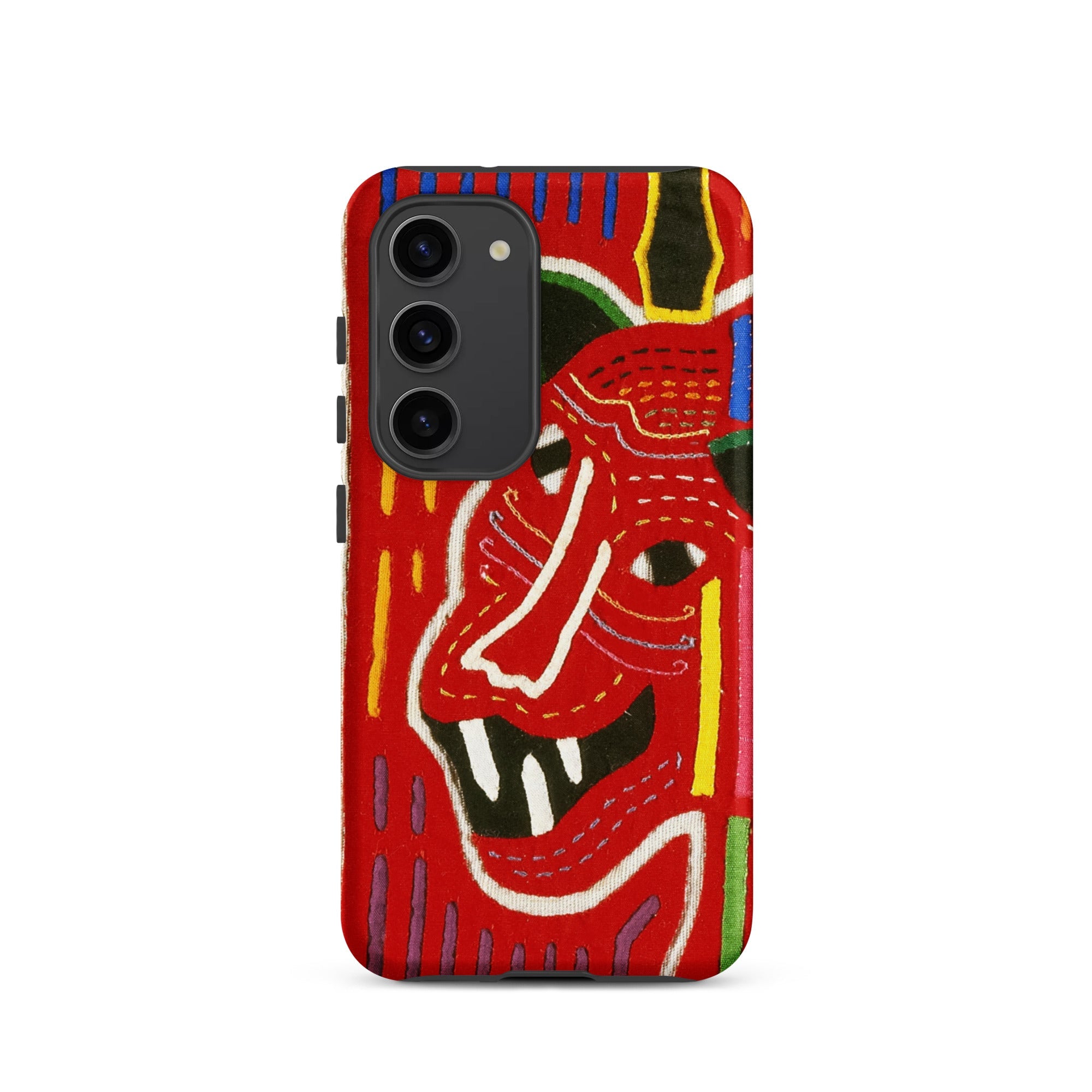 Roaring Tiger Appliqué Mola Embroidery Samsung Case, Galaxy S23 / Matte, Red Phone Case Vibrant Abstract Face Design White