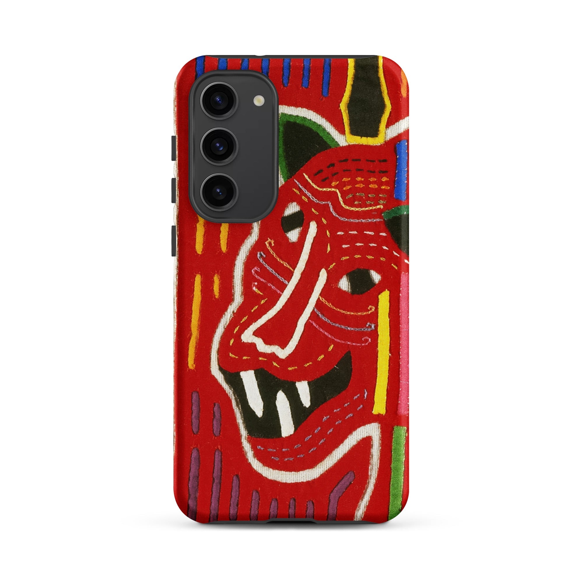 Roaring Tiger Appliqué Mola Embroidery Samsung Case, Galaxy S23 Plus / Matte, Red Phone Case Vibrant Abstract Folk Art Style Face