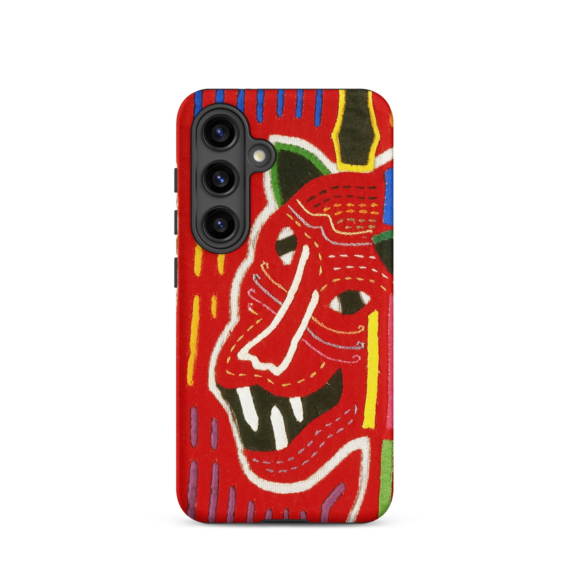 Roaring Tiger Appliqué Mola Embroidery Samsung Case, Galaxy S24 / Matte, Red Phone Case Vibrant Abstract Folk Art Inspired Face Design