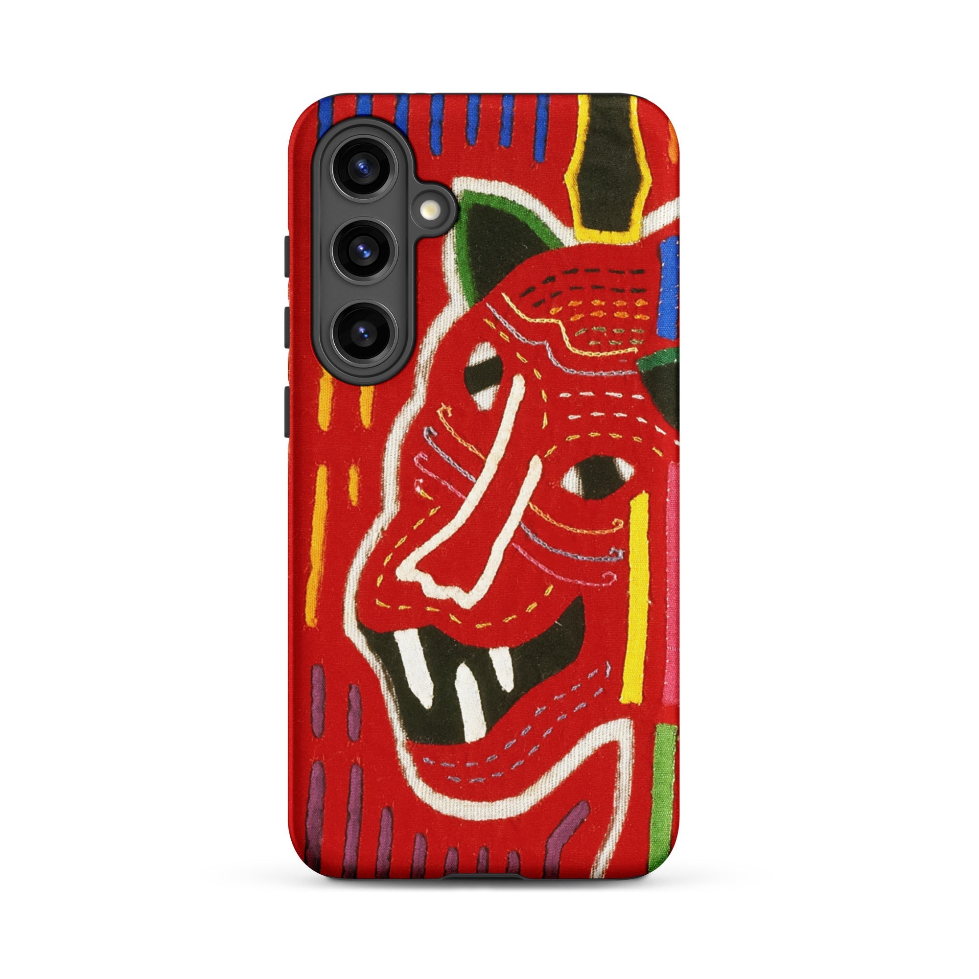 Roaring Tiger Appliqué Mola Embroidery Samsung Case, Galaxy S24 Plus / Matte, Red Phone Case Vibrant Abstract Colorful Animal Like Face