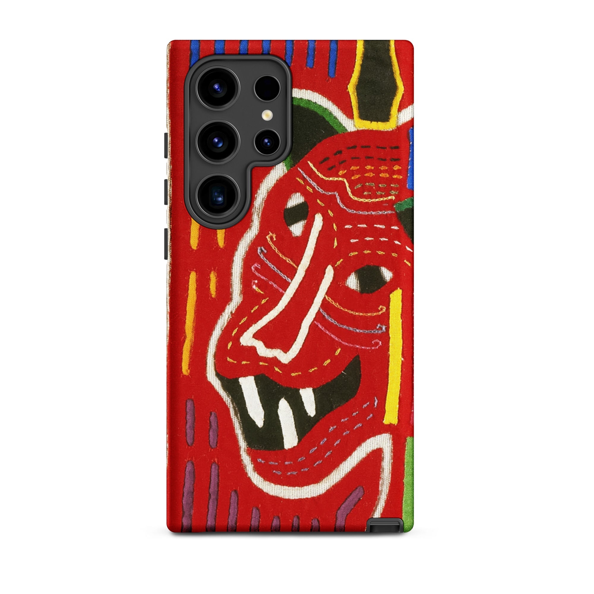 Roaring Tiger Appliqué Mola Embroidery Samsung Case, Galaxy S24 Ultra / Matte, Red Phone Case Vibrant Abstract Mask Like Design