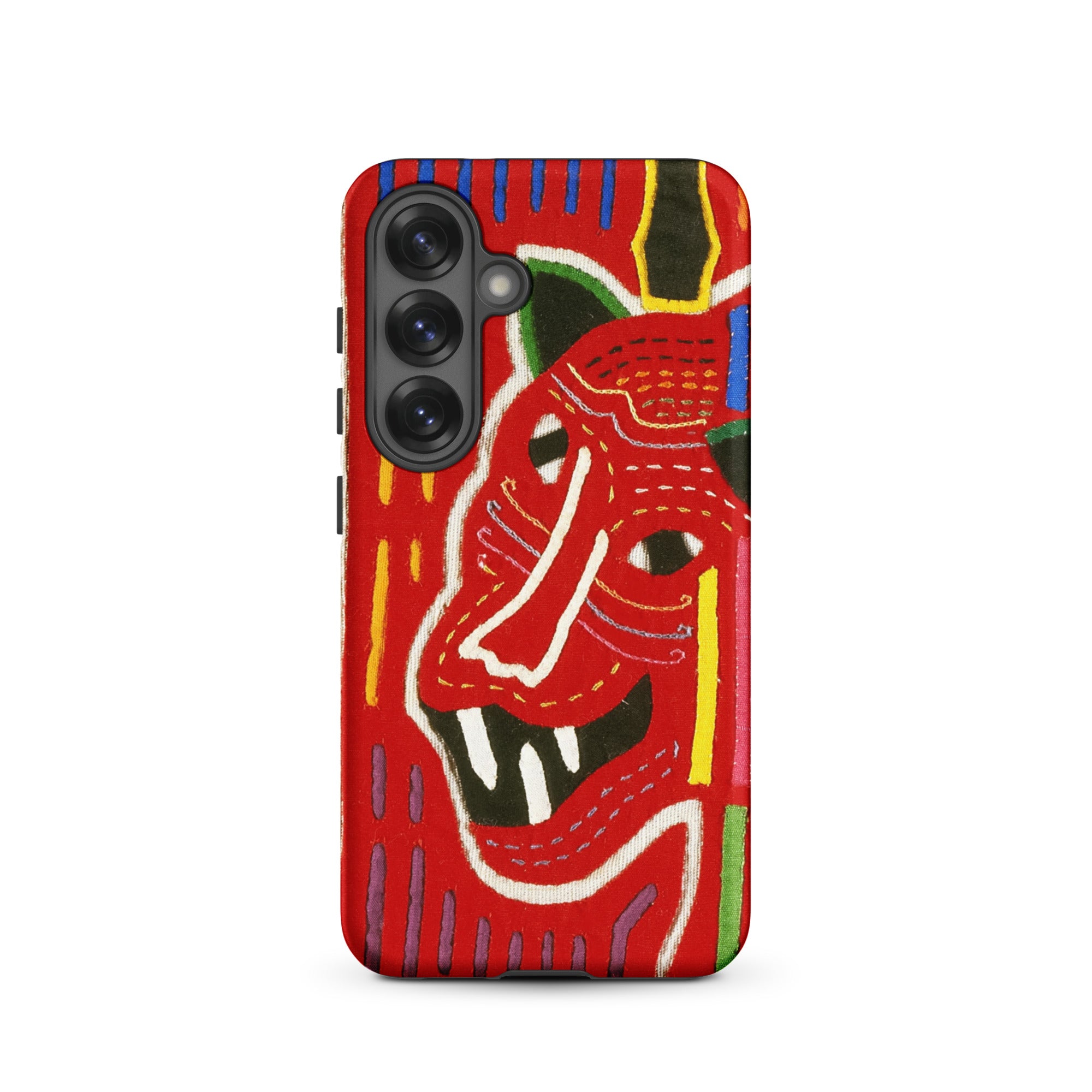 Roaring Tiger Appliqué Mola Embroidery Samsung Case, Galaxy S25 / Matte, Red Phone Case Vibrant Embroidered Style Abstract Face Design