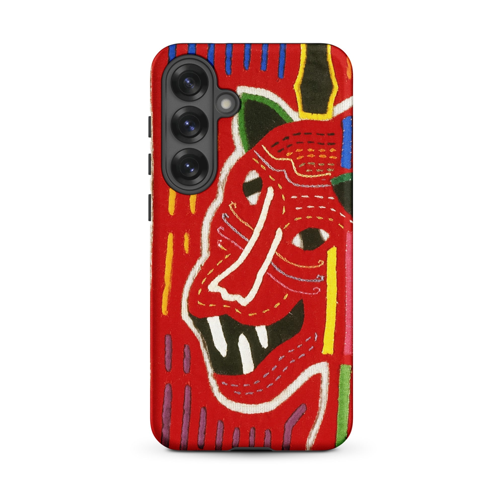 Roaring Tiger Appliqué Mola Embroidery Samsung Case, Galaxy S25 Plus / Matte, Red Phone Case Abstract Colorful Face Design