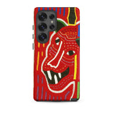 Roaring Tiger Appliqué - Mola Embroidery Samsung Case, Galaxy S25 Ultra / Matte, Vibrant Red Phone Case Stylized Abstract Face Design