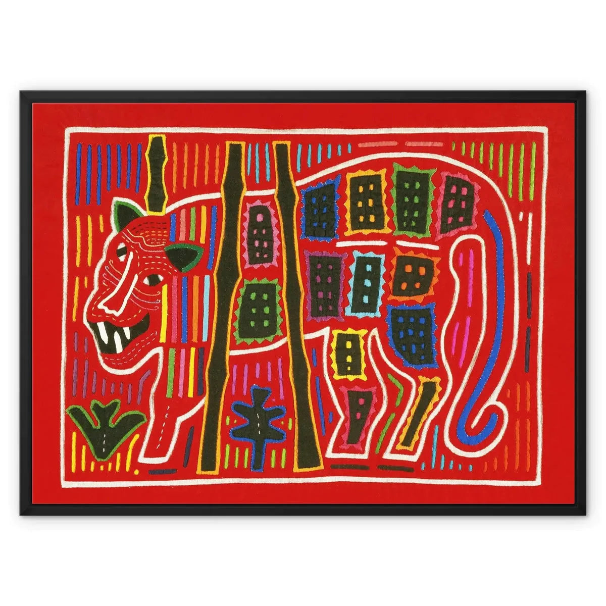 Roaring Tiger - Mola Needlework Art Framed Canvas - 32’x24’ / Black Frame / White Wrap - Posters Prints & Visual
