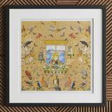 Robyn - Surreal Pop Art Bird Collage Print, 12x12’’ / 31x31cm / Black Frame / 2’’ Matboard, Framed Artwork Woman Flowers Window Surrounded