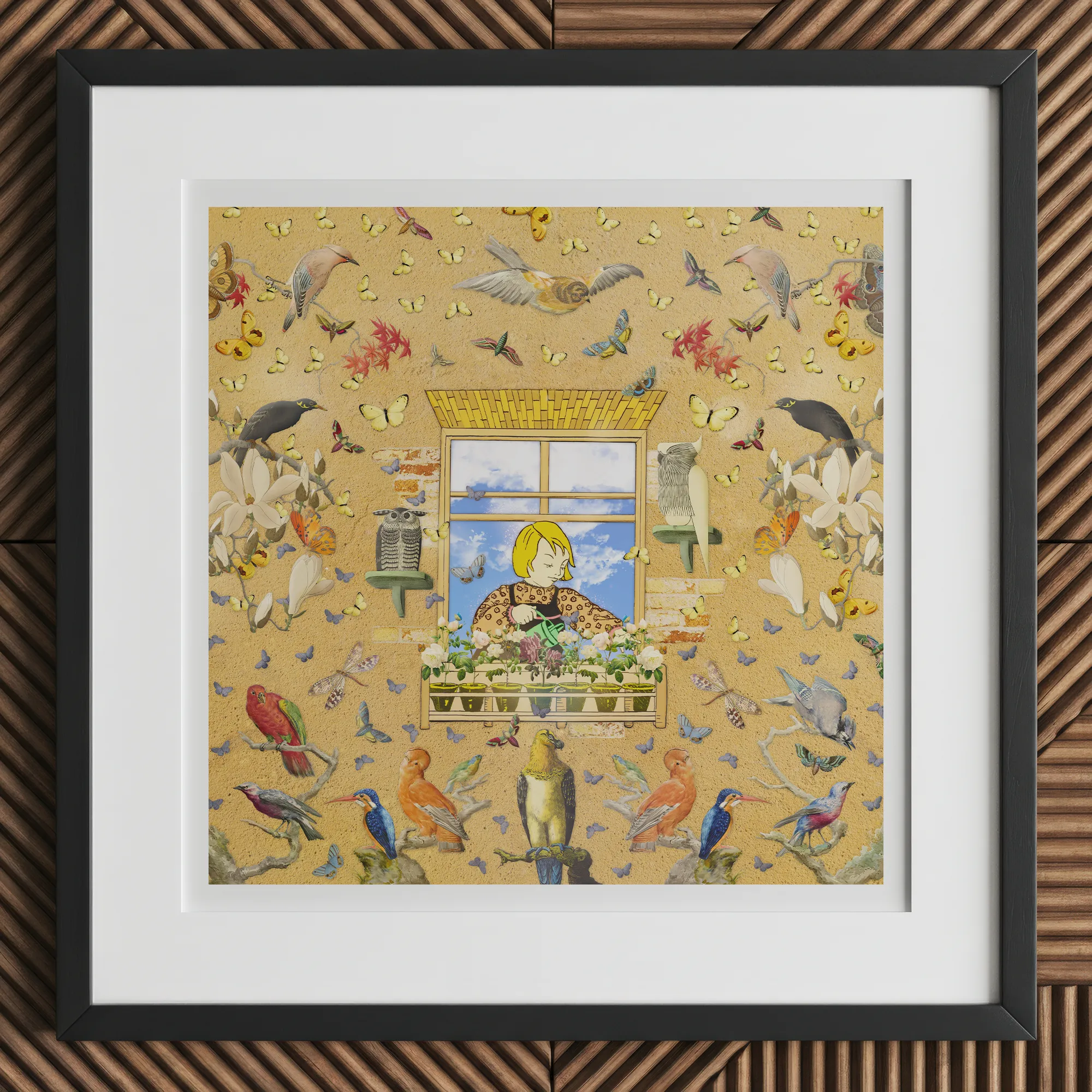 Robyn - Surreal Pop Art Bird Collage Print, 12x12’’ / 31x31cm / Black Frame / 2’’ Matboard, Framed Artwork Woman Flowers Window Surrounded