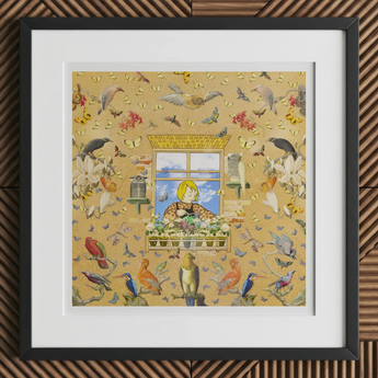 Robyn - Surreal Pop Art Bird Collage Print, 12x12’’ / 31x31cm / Black Frame / 2’’ Matboard, Framed Artwork Woman Flowers Window Surrounded