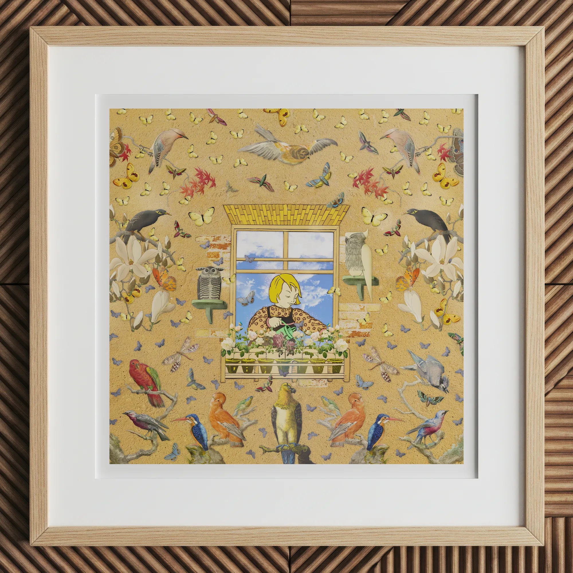 Robyn - Surreal Pop Art Bird Collage Print, 12x12’’ / 31x31cm / Natural Frame / 2’’ Matboard, Framed Artwork Person Gardening Window