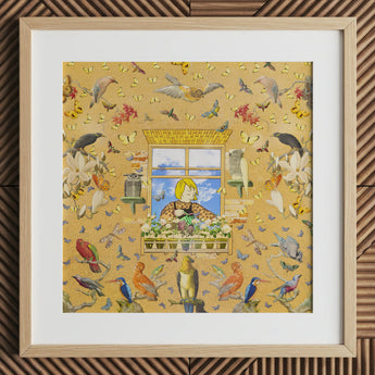 Robyn surreal pop art bird collage print in natural frame