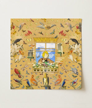 Square Mustard-yellow Wallpaper Central Window Scene Blonde Child Surreal Pop Art, Yellow Dreaming Bursts, Bird Collage
