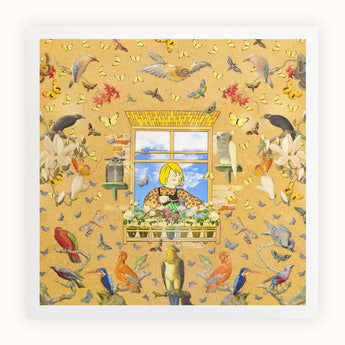 Robyn - Surreal Pop Art Bird Collage Print, Window Figure Plants Flower Box Surrounded Colorful Birds