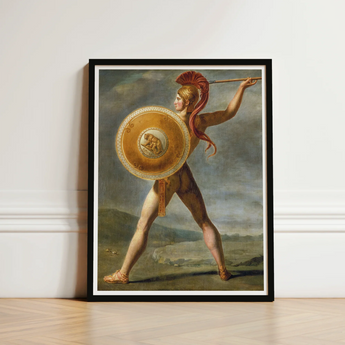 Framed Classical Painting Muscular Warrior Golden Armor Red Roman, Jacques-louis David’s, Fixes, Spear Arm Locked, Skyward, Churning Grey