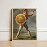 Framed Classical Painting Spartan Warrior Gold Armor Red Roman, Jacques-louis David’s, Fixes, Spear Arm Locked, Skyward, Churning Grey Sky,