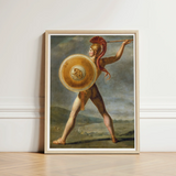 Framed Classical Painting Spartan Warrior Gold Armor Red Roman, Jacques-louis David’s, Fixes, Spear Arm Locked, Skyward, Churning Grey Sky,