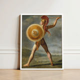 Framed Classical Painting Muscular Warrior Golden Armor Red Roman, Jacques-louis David’s, Fixes, Spear Arm Locked, Skyward, Churning Grey