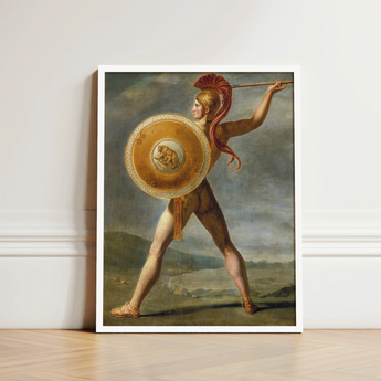 Framed Classical Painting Muscular Warrior Golden Armor Red Roman, Jacques-louis David’s, Fixes, Spear Arm Locked, Skyward, Churning Grey