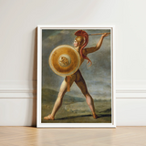 Framed Classical Painting Spartan Warrior Gold Armor Red Roman, Jacques-louis David’s, Fixes, Spear Arm Locked, Skyward, Churning Grey Sky,