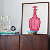 Rose Pink Carafe - Janet Riza 1930s Glassware Art Print, Framed Artwork Pink Glass Decanter Bottle