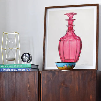 Rose Pink Carafe - Janet Riza 1930s Glassware Art Print, Framed Artwork Pink Glass Decanter Bottle